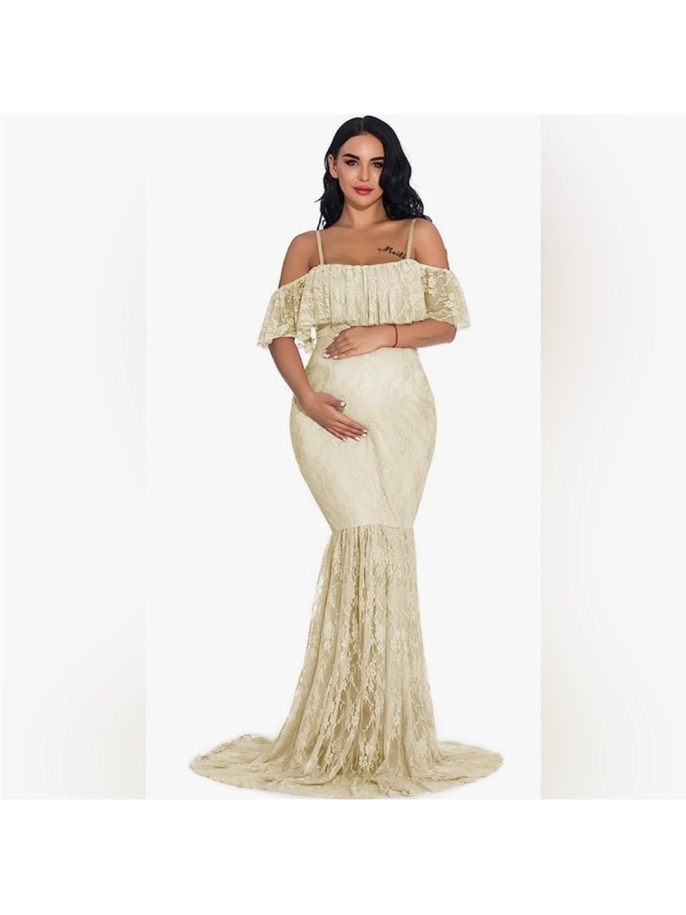 Fitted Lace Maternity Gown Ruffle Mermaid Off Shoulder Photography Dress XL